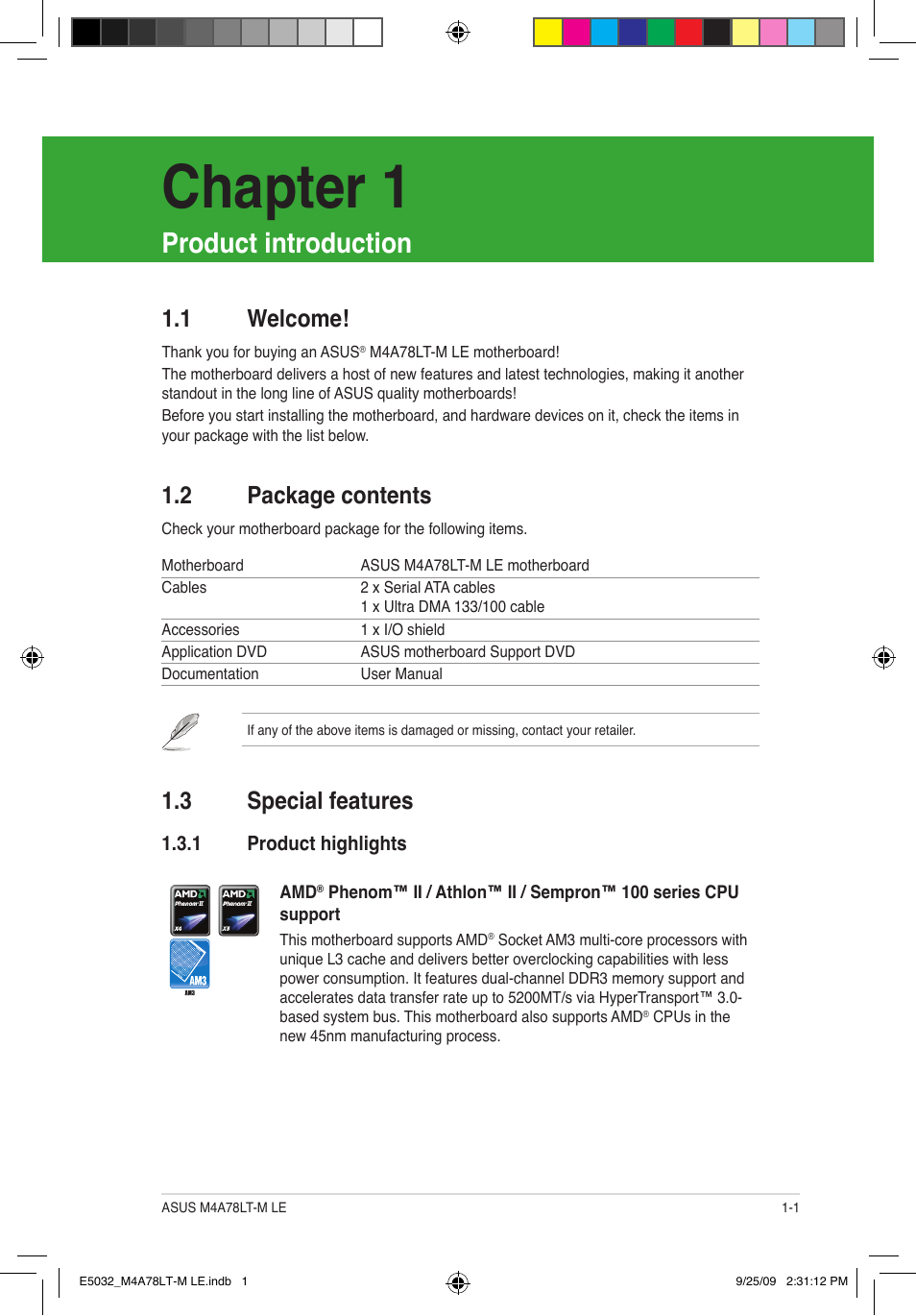 Chapter 1, Product introduction, 2 package contents | 3 special features, 1 welcome | Asus M4A78LT-M LE User Manual | Page 11 / 62