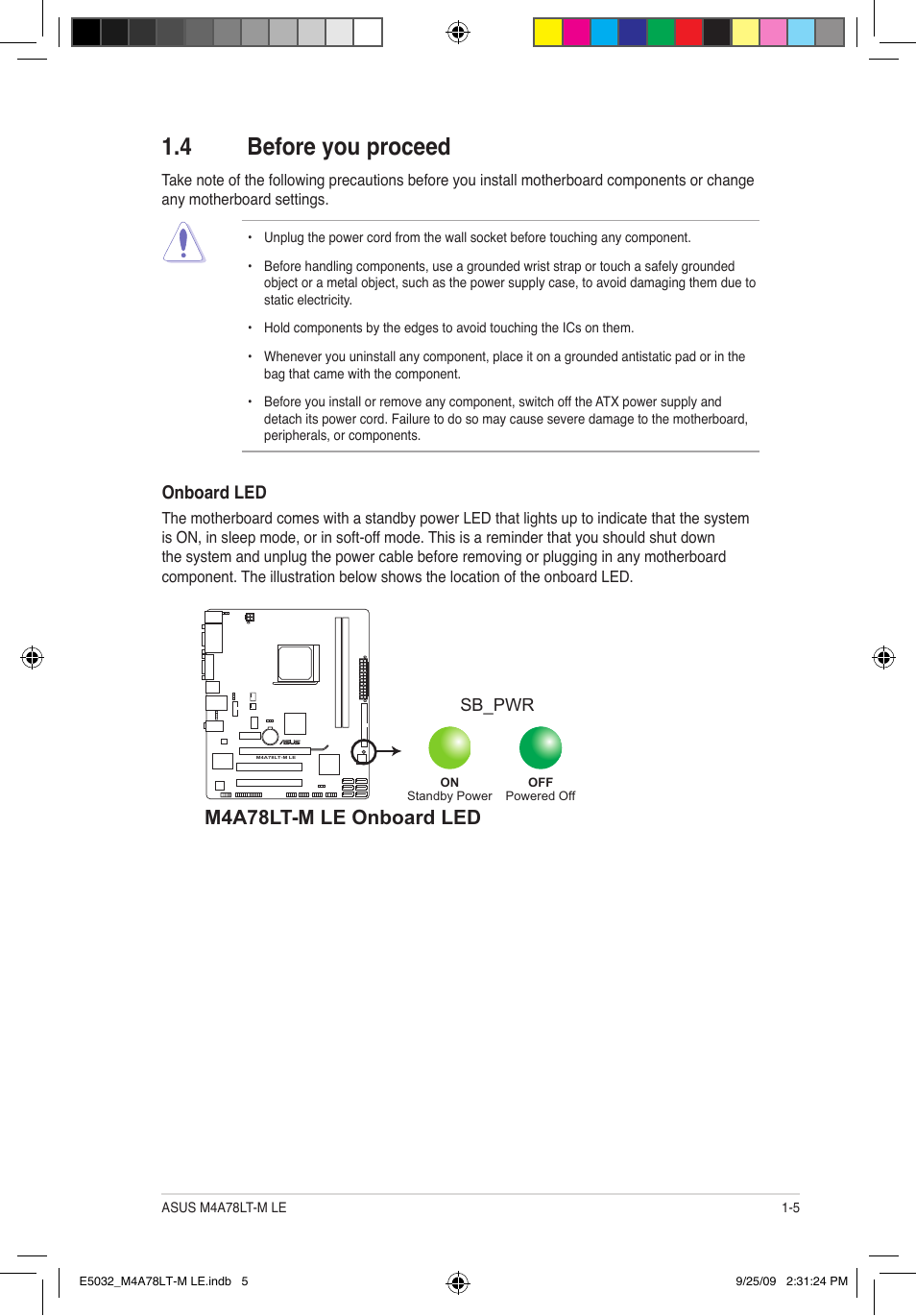 4 before you proceed, M4a78lt-m le onboard led | Asus M4A78LT-M LE User Manual | Page 15 / 62