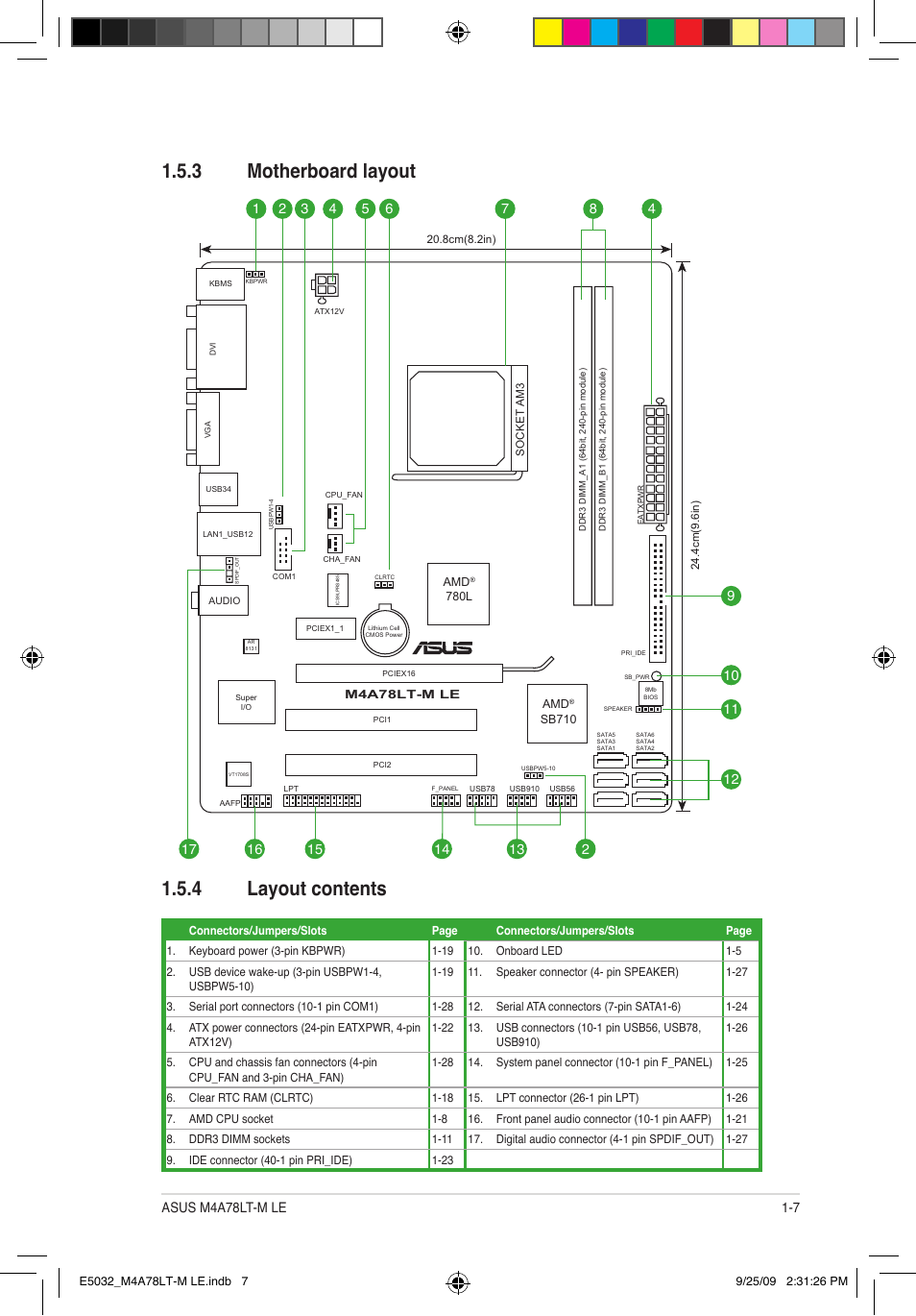3 motherboard layout 1.5.4 layout contents | Asus M4A78LT-M LE User Manual | Page 17 / 62
