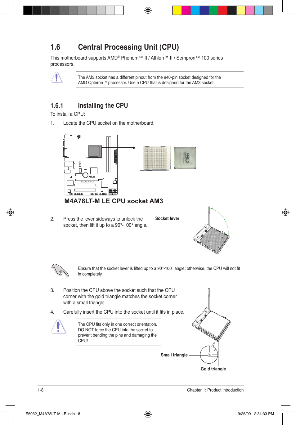 6 central processing unit (cpu), 1 installing the cpu, M4a78lt-m le cpu socket am3 | Asus M4A78LT-M LE User Manual | Page 18 / 62