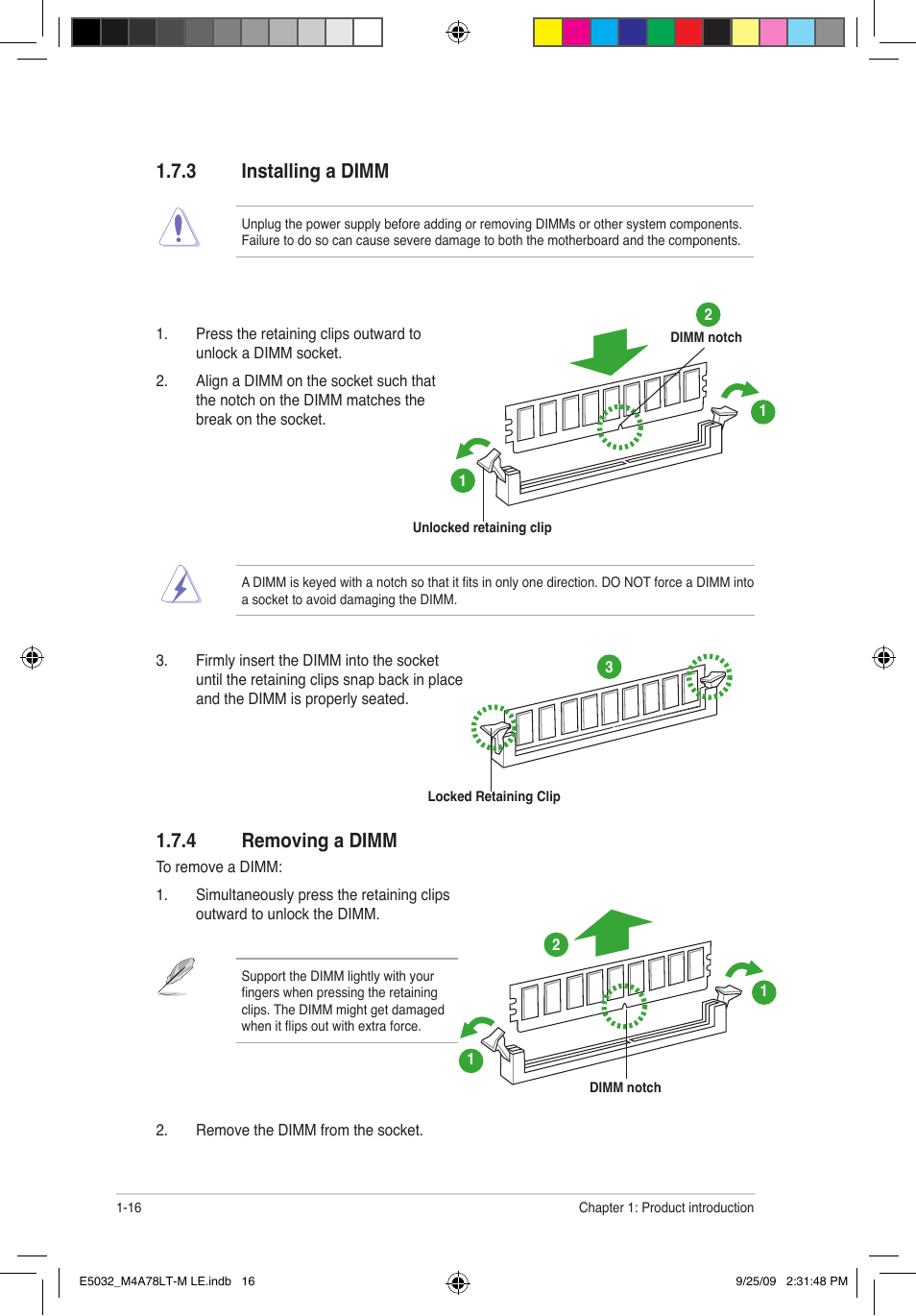 3 installing a dimm, 4 removing a dimm | Asus M4A78LT-M LE User Manual | Page 26 / 62