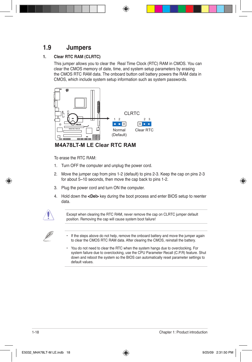 9 jumpers, M4a78lt-m le clear rtc ram | Asus M4A78LT-M LE User Manual | Page 28 / 62