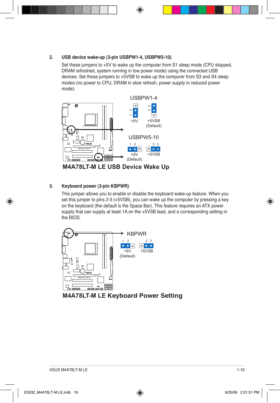 M4a78lt-m le usb device wake up, M4a78lt-m le keyboard power setting, Usbpw5-10 | Usbpw1-4, Kbpwr | Asus M4A78LT-M LE User Manual | Page 29 / 62