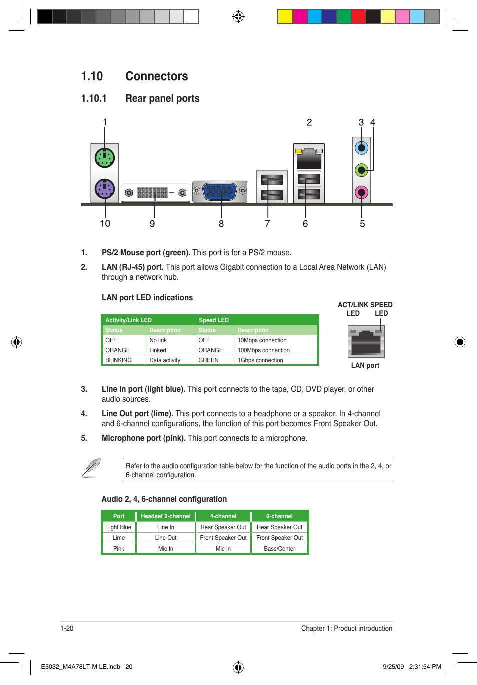 10 connectors, 1 rear panel ports | Asus M4A78LT-M LE User Manual | Page 30 / 62