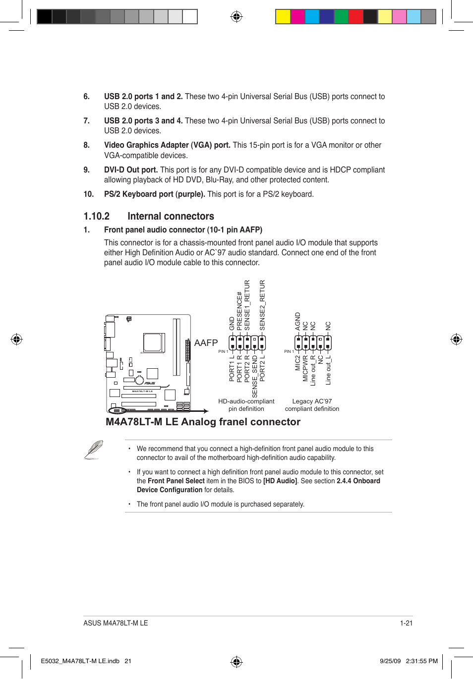2 internal connectors, M4a78lt-m le analog franel connector, Aafp | Asus M4A78LT-M LE User Manual | Page 31 / 62