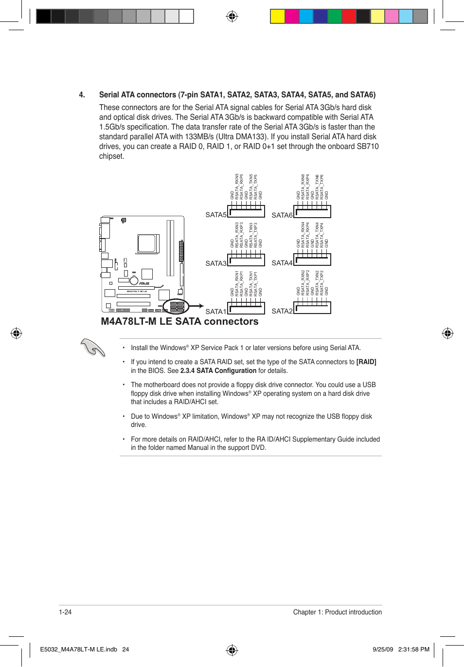 M4a78lt-m le sata connectors, Install the windows, Xp limitation, windows | Sata6, Sata1, Sata3, Sata5, Sata2, Chapter 1: product introduction 1-24 | Asus M4A78LT-M LE User Manual | Page 34 / 62