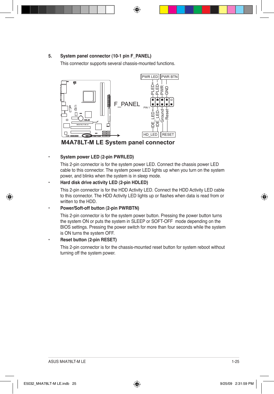 M4a78lt-m le system panel connector, F_panel | Asus M4A78LT-M LE User Manual | Page 35 / 62