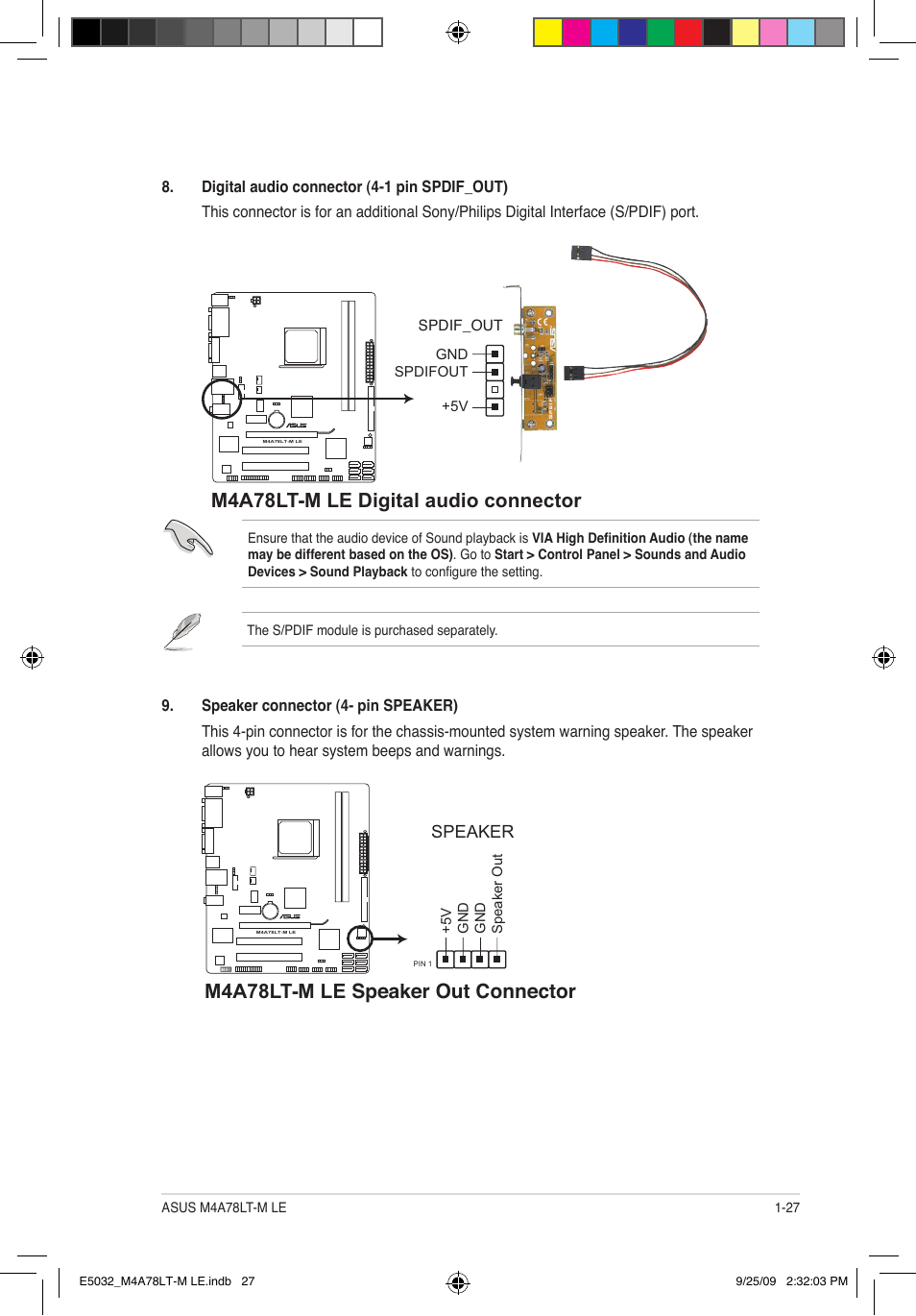 M4a78lt-m le digital audio connector, M4a78lt-m le speaker out connector, Speaker | Asus M4A78LT-M LE User Manual | Page 37 / 62
