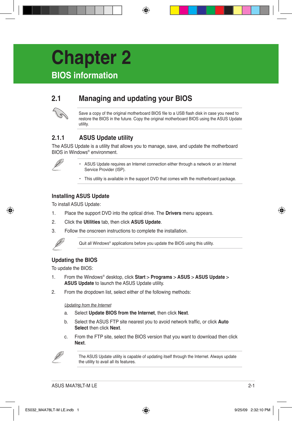 Chapter 2, Bios information, 1 managing and updating your bios | Asus M4A78LT-M LE User Manual | Page 41 / 62