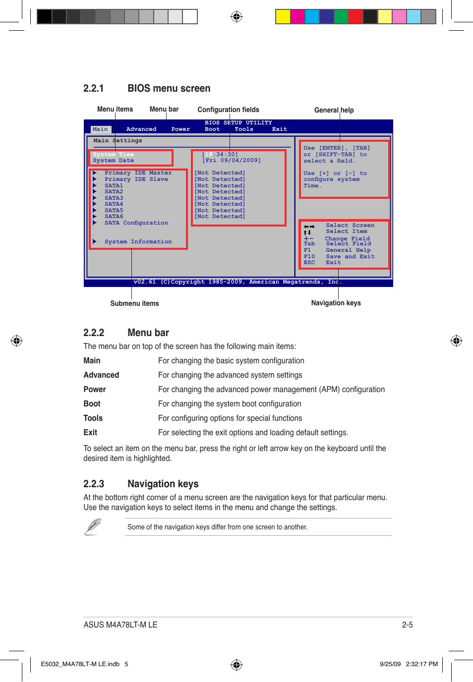 1 bios menu screen 2.2.2 menu bar, 3 navigation keys | Asus M4A78LT-M LE User Manual | Page 45 / 62