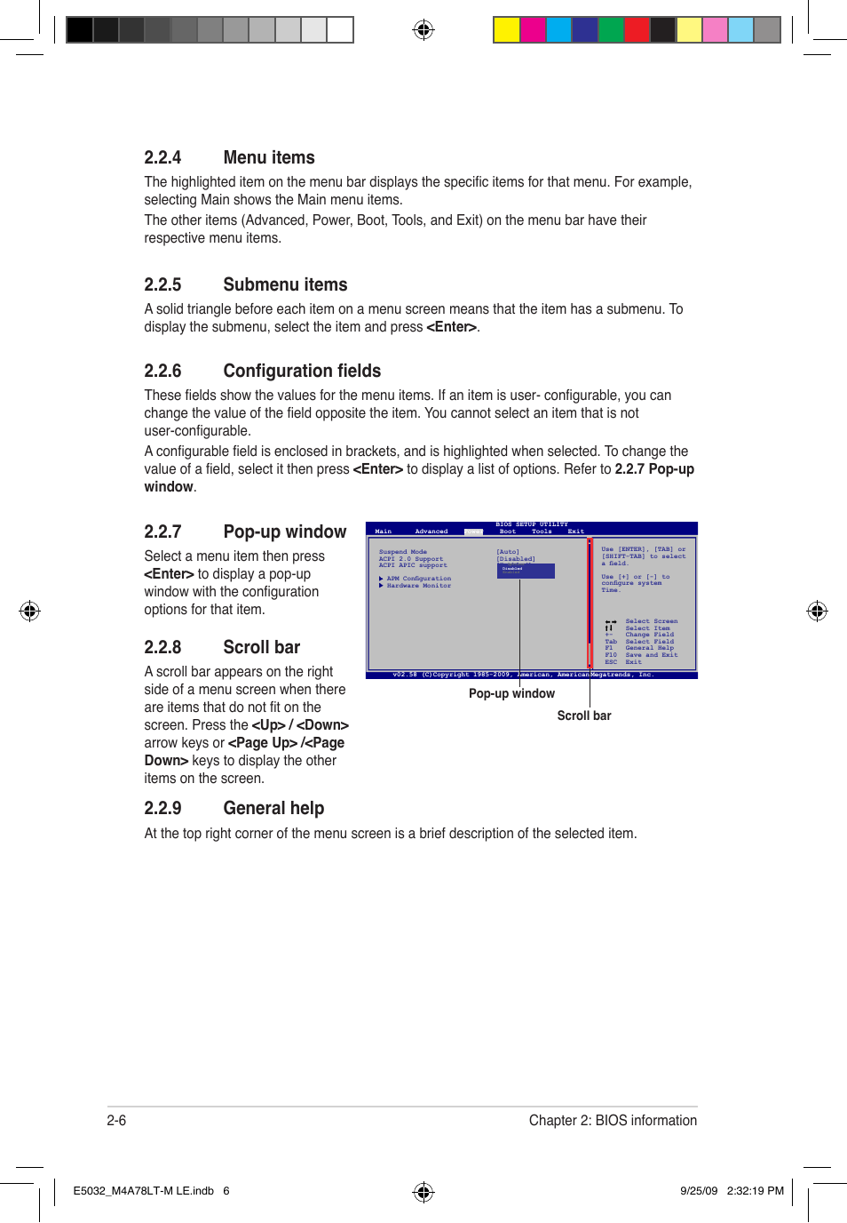 4 menu items, 5 submenu items, 6 configuration fields | 7 pop-up window, 8 scroll bar, 9 general help | Asus M4A78LT-M LE User Manual | Page 46 / 62