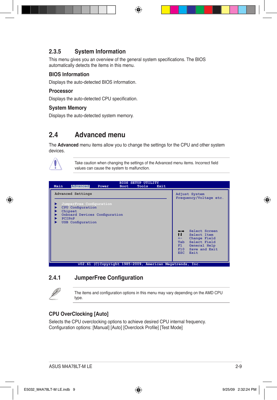 4 advanced menu, 1 jumperfree configuration, 5 system information | Asus M4A78LT-M LE User Manual | Page 49 / 62