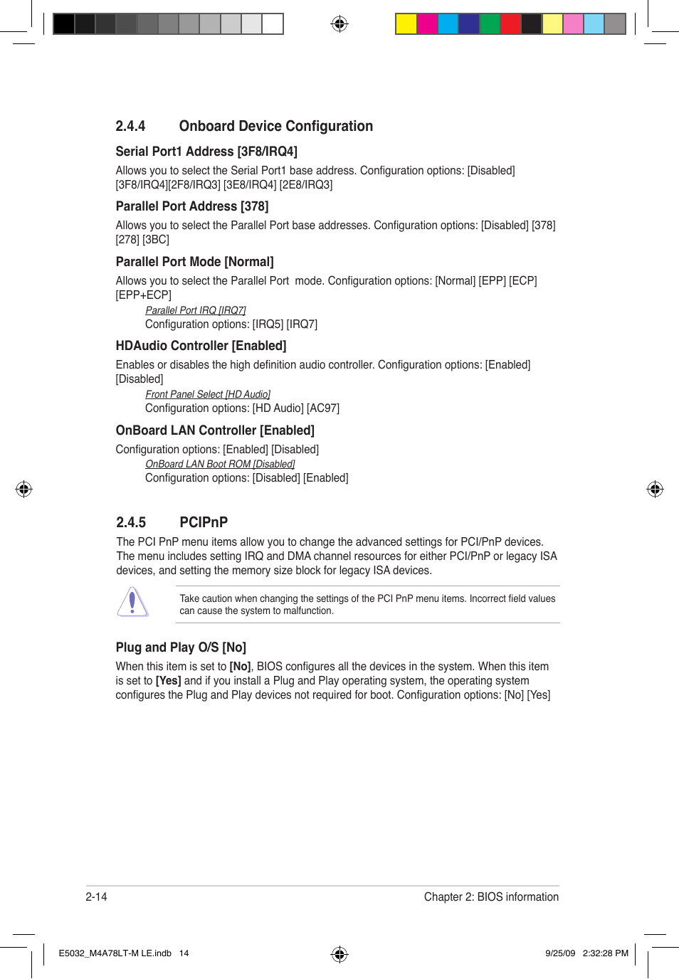 4 onboard device configuration, 5 pcipnp | Asus M4A78LT-M LE User Manual | Page 54 / 62