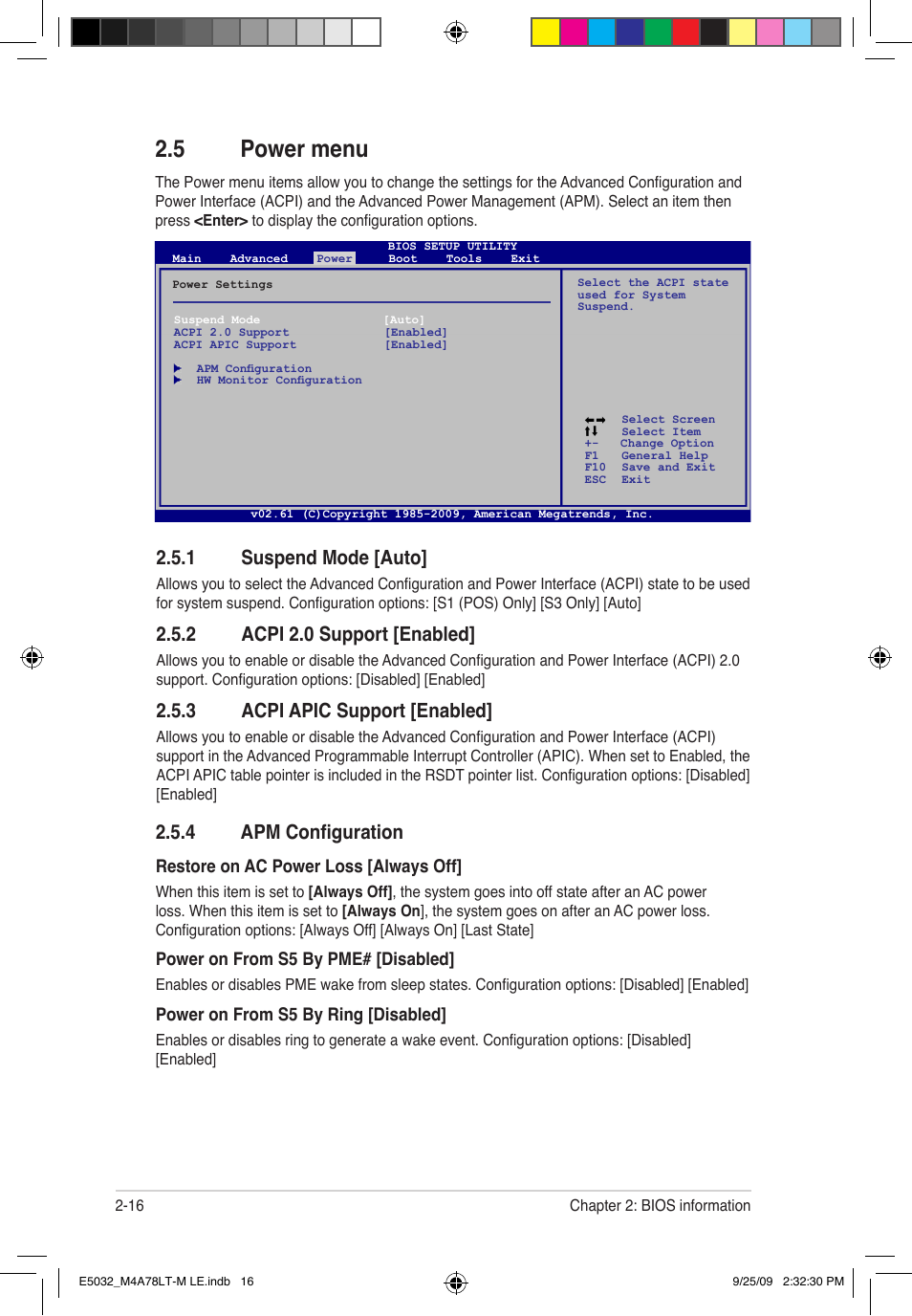 5 power menu, 1 suspend mode [auto, 2 acpi 2.0 support [enabled | 3 acpi apic support [enabled, 4 apm configuration | Asus M4A78LT-M LE User Manual | Page 56 / 62