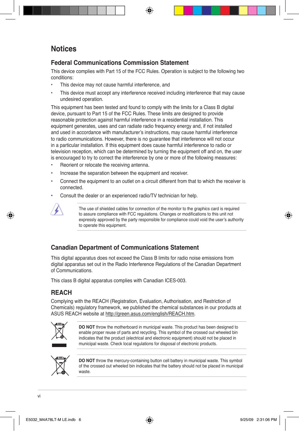 Notices, Federal communications commission statement, Canadian department of communications statement | Reach | Asus M4A78LT-M LE User Manual | Page 6 / 62