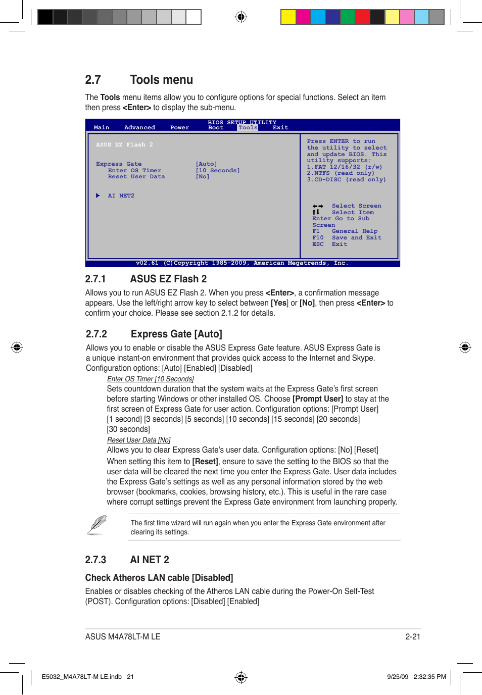 7 tools menu, 2 express gate [auto, 3 ai net 2 | 1 asus ez flash 2 | Asus M4A78LT-M LE User Manual | Page 61 / 62