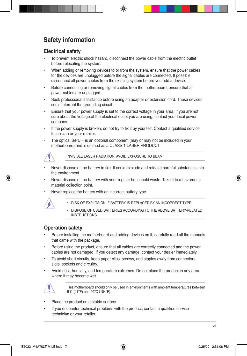 Safety information, Electrical safety, Operation safety | Asus M4A78LT-M LE User Manual | Page 7 / 62