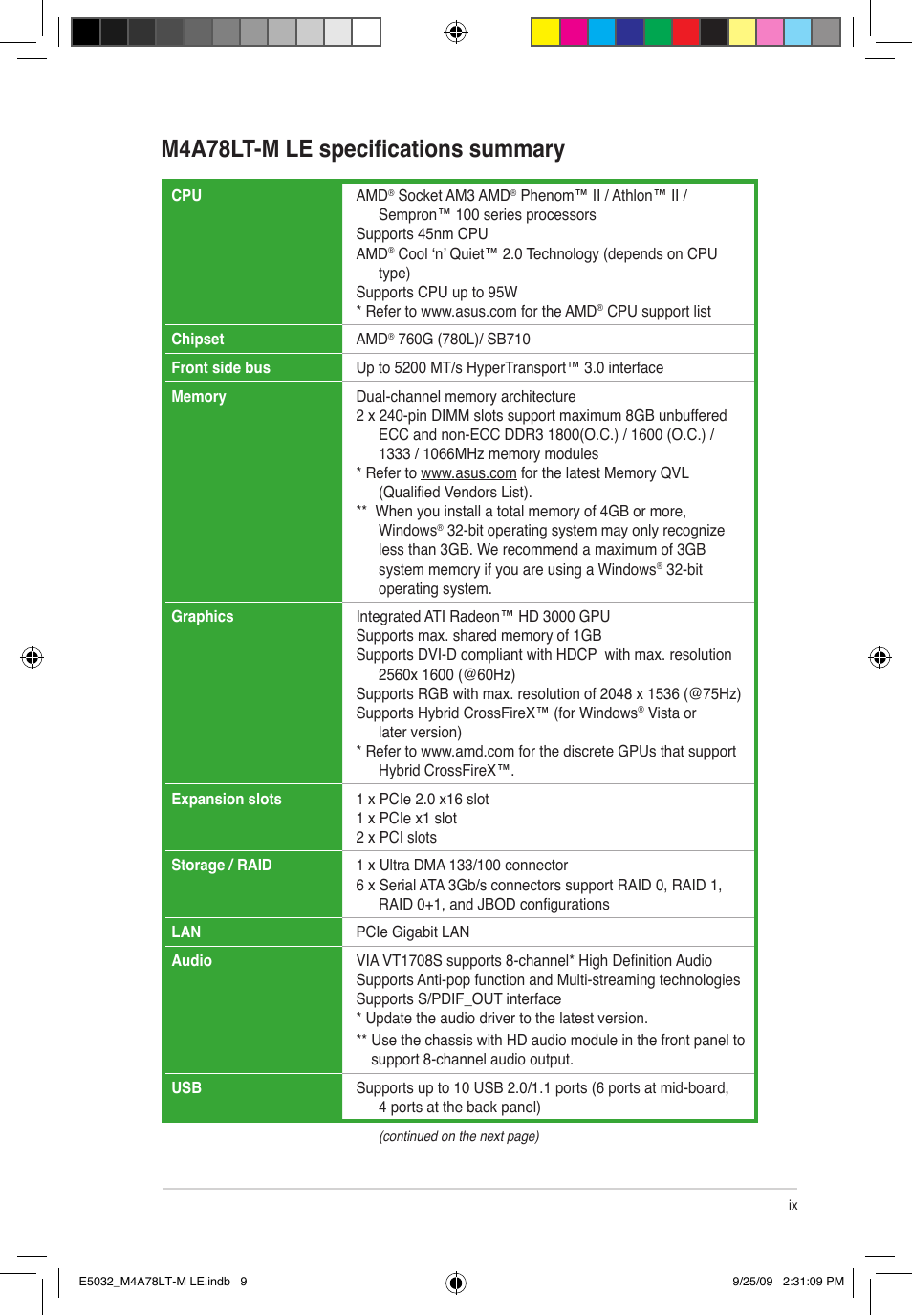 M4a78lt-m le specifications summary | Asus M4A78LT-M LE User Manual | Page 9 / 62
