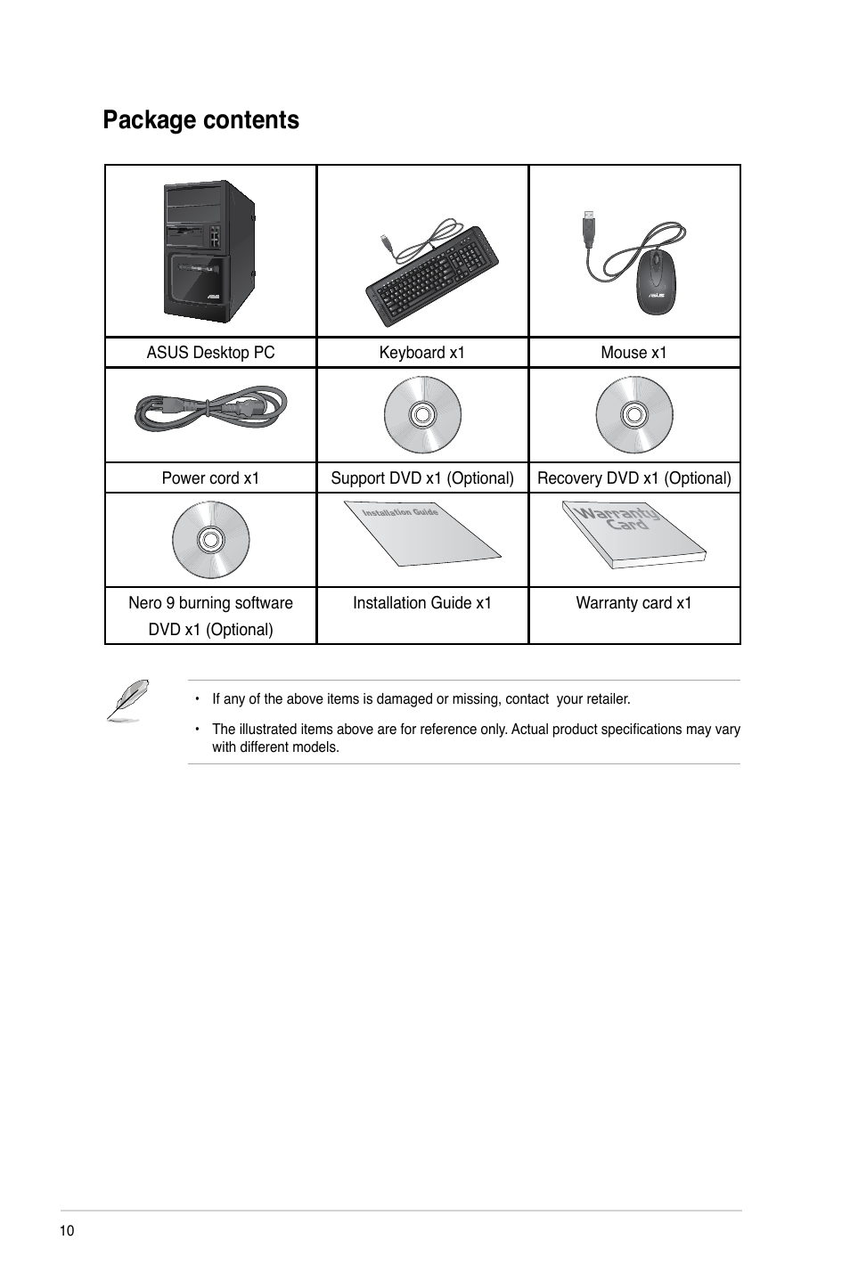 Package contents | Asus BP6230 User Manual | Page 10 / 99