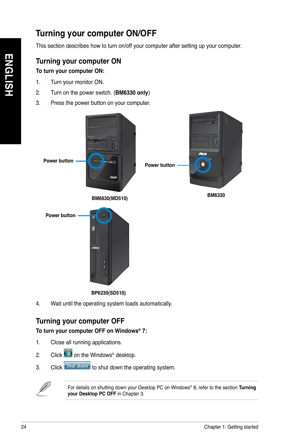 Turning your computer on/off, En gl is h en gl is h | Asus BP6230 User Manual | Page 24 / 99