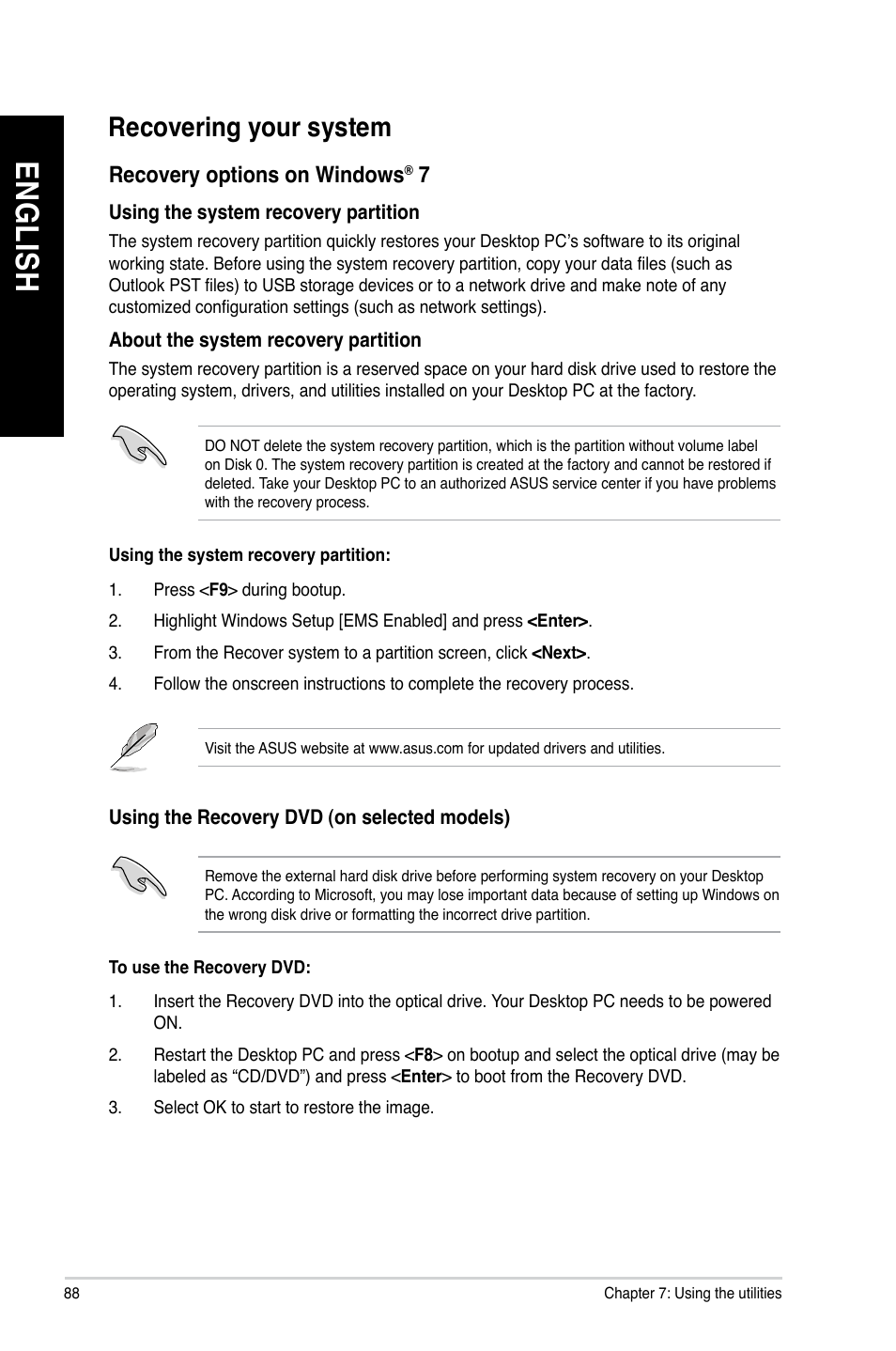 Recovering your system, En gl is h en gl is h en gl is h en gl is h | Asus BP6230 User Manual | Page 88 / 99