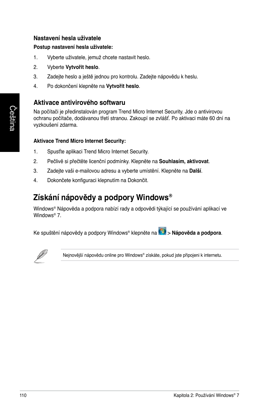 Získání nápovědy a podpory windows, Čeština, Aktivace antivirového softwaru | Asus CG8565 User Manual | Page 110 / 410