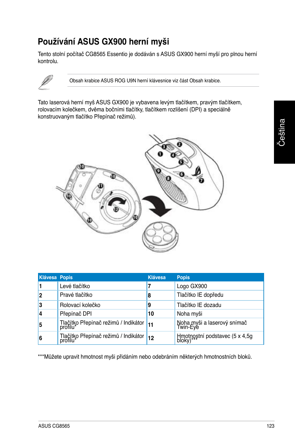 Používání asus gx900 herní myši, Používání asus gx900 herní myši 3, Čeština | Asus CG8565 User Manual | Page 123 / 410