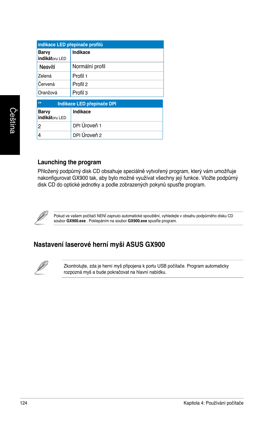 Čeština, Nastavení laserové herní myši asus gx900 | Asus CG8565 User Manual | Page 124 / 410