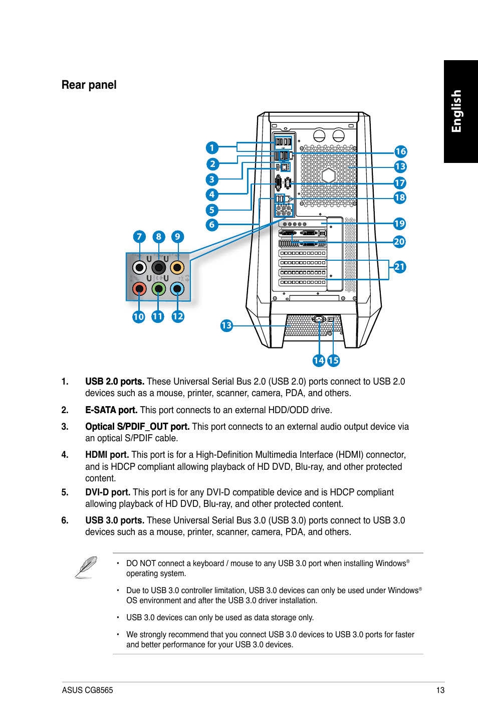 English, Rear panel | Asus CG8565 User Manual | Page 13 / 410