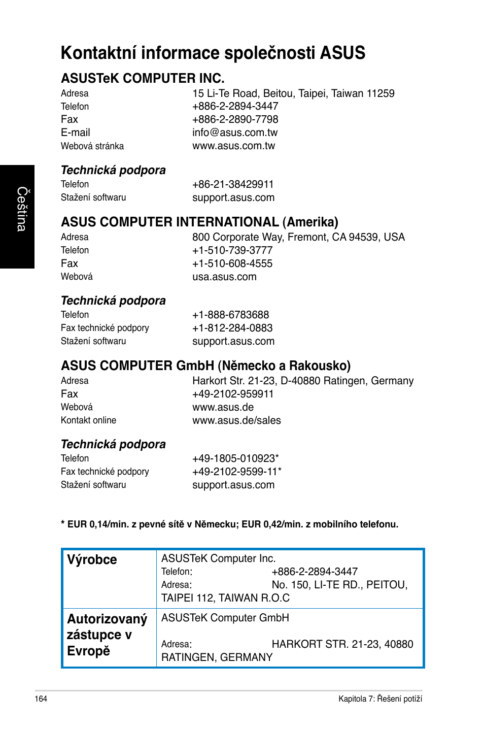 Kontaktní informace společnosti asus, Čeština, Asustek computer inc | Asus computer international (amerika), Asus computer gmbh �německo a rakousko, Výrobce, Autorizovaný zástupce v evropě | Asus CG8565 User Manual | Page 164 / 410
