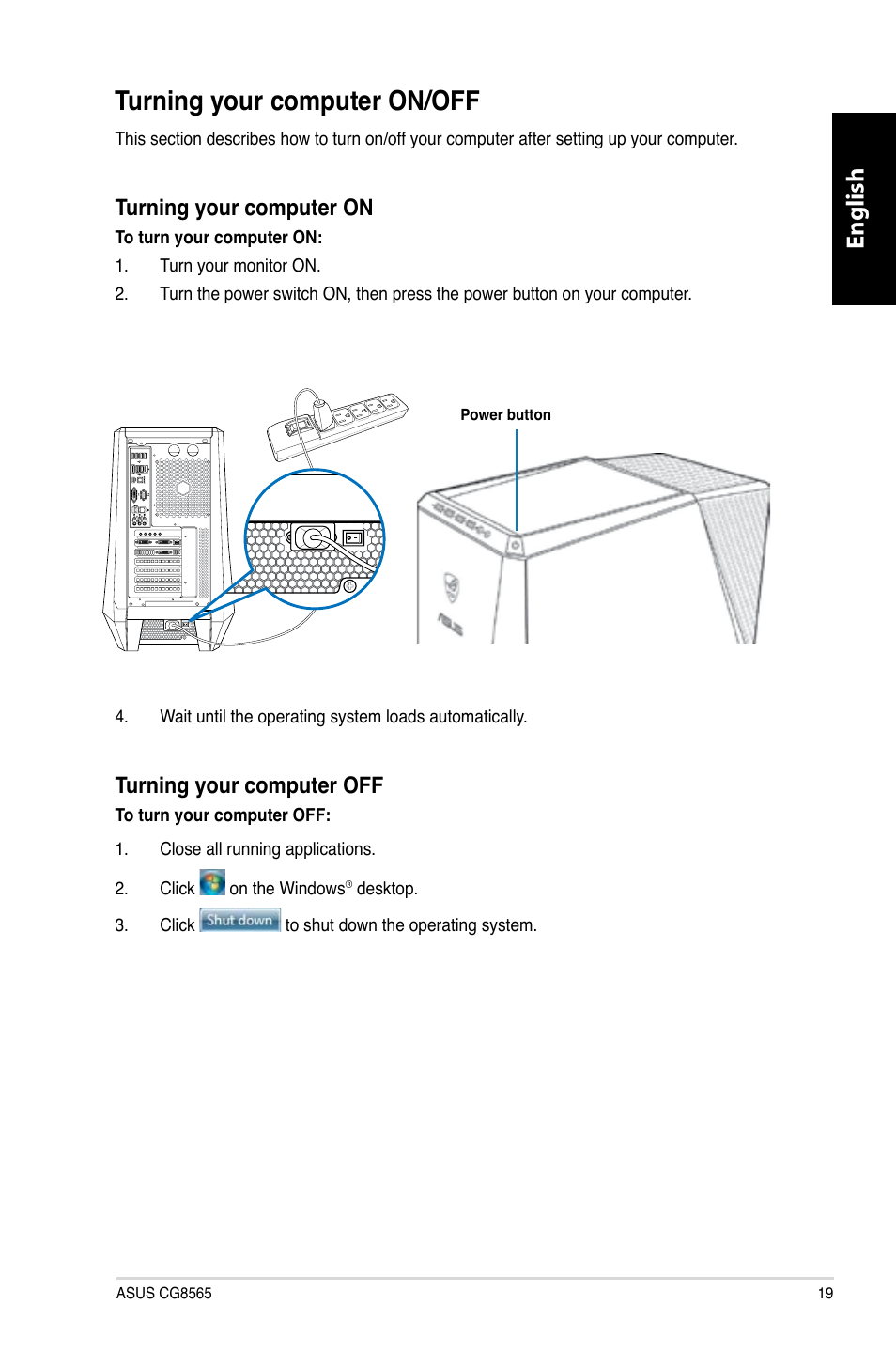 Turning your computer on/off, English, Turning your computer on | Turning your computer off | Asus CG8565 User Manual | Page 19 / 410