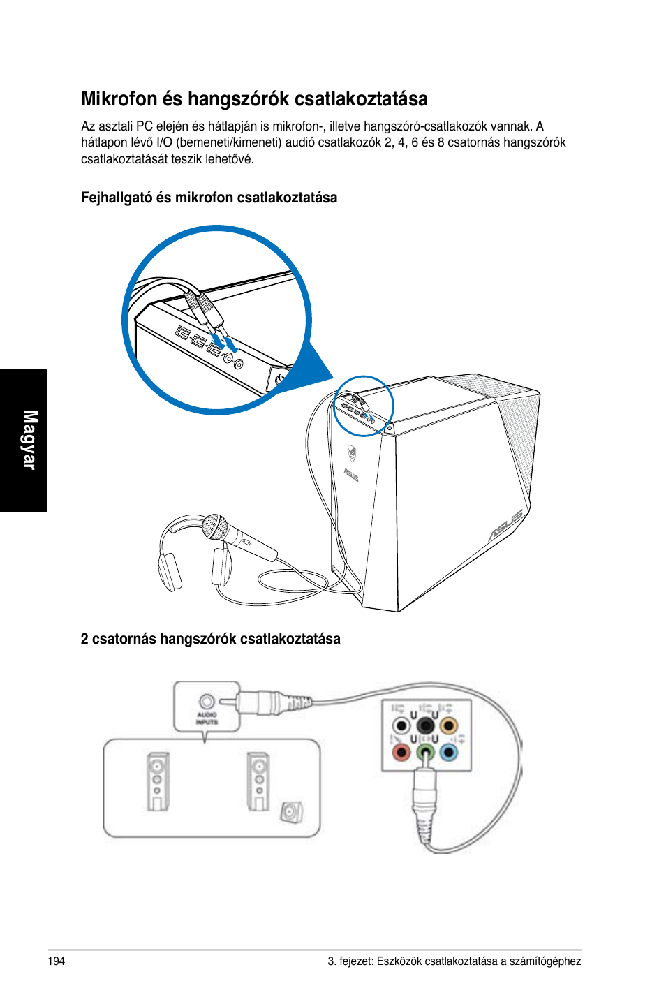 Mikrofon és hangszórók csatlakoztatása | Asus CG8565 User Manual | Page 194 / 410