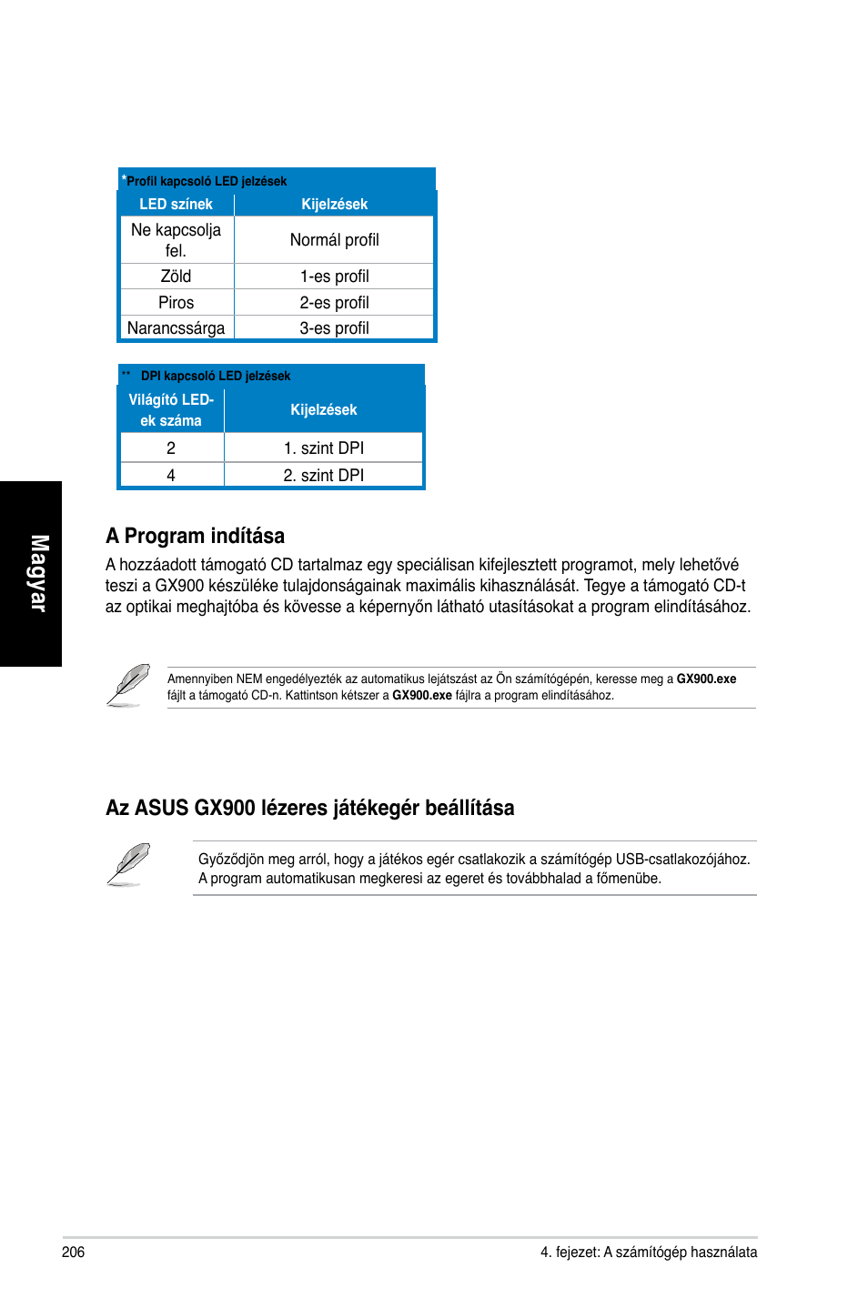 Mag ya r m ag ya r m ag ya r m ag ya r, A program indítása, Az asus gx900 lézeres játékegér beállítása | Asus CG8565 User Manual | Page 206 / 410