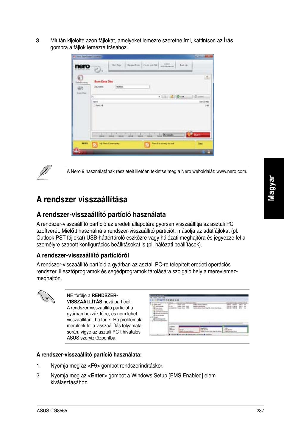 A rendszer visszaállítása, Mag ya r m ag ya r | Asus CG8565 User Manual | Page 237 / 410