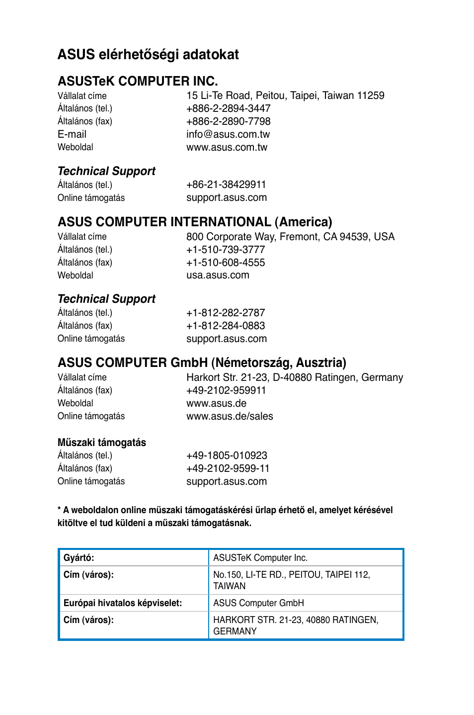 Asus elérhetőségi adatokat, Asustek computer inc, Asus computer international (america) | Asus computer gmbh �németország, ausztria | Asus CG8565 User Manual | Page 246 / 410