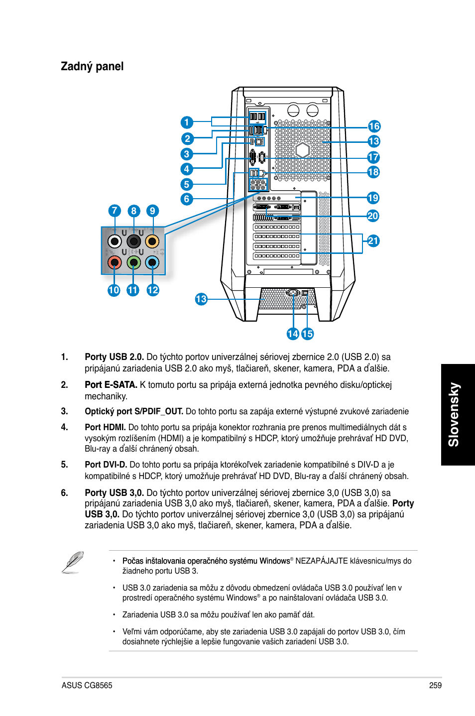 Slovensky, Zadný panel | Asus CG8565 User Manual | Page 259 / 410