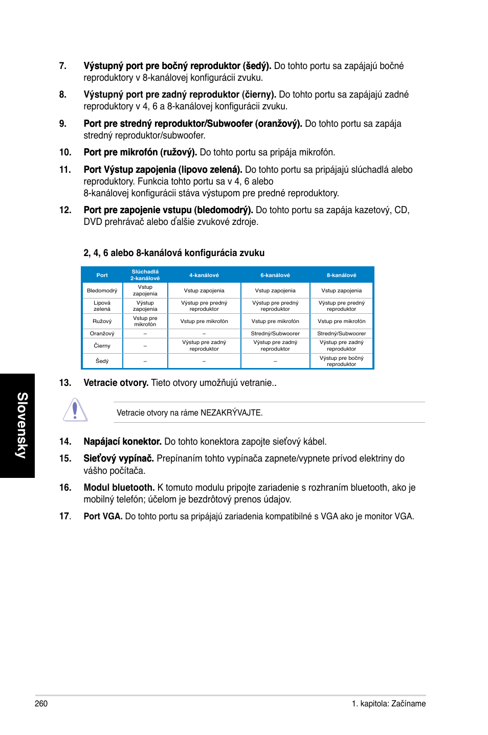 Slovensky, Vetracie otvory. tieto otvory umožňujú vetranie | Asus CG8565 User Manual | Page 260 / 410