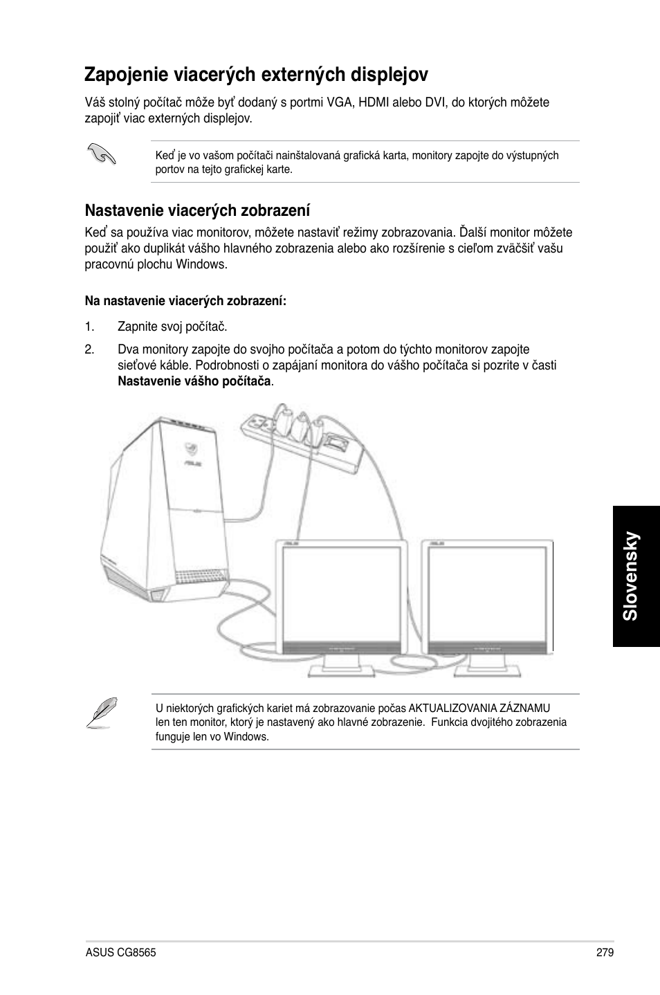 Zapojenie viacerých externých displejov, Slovensky, Nastavenie viacerých zobrazení | Asus CG8565 User Manual | Page 279 / 410