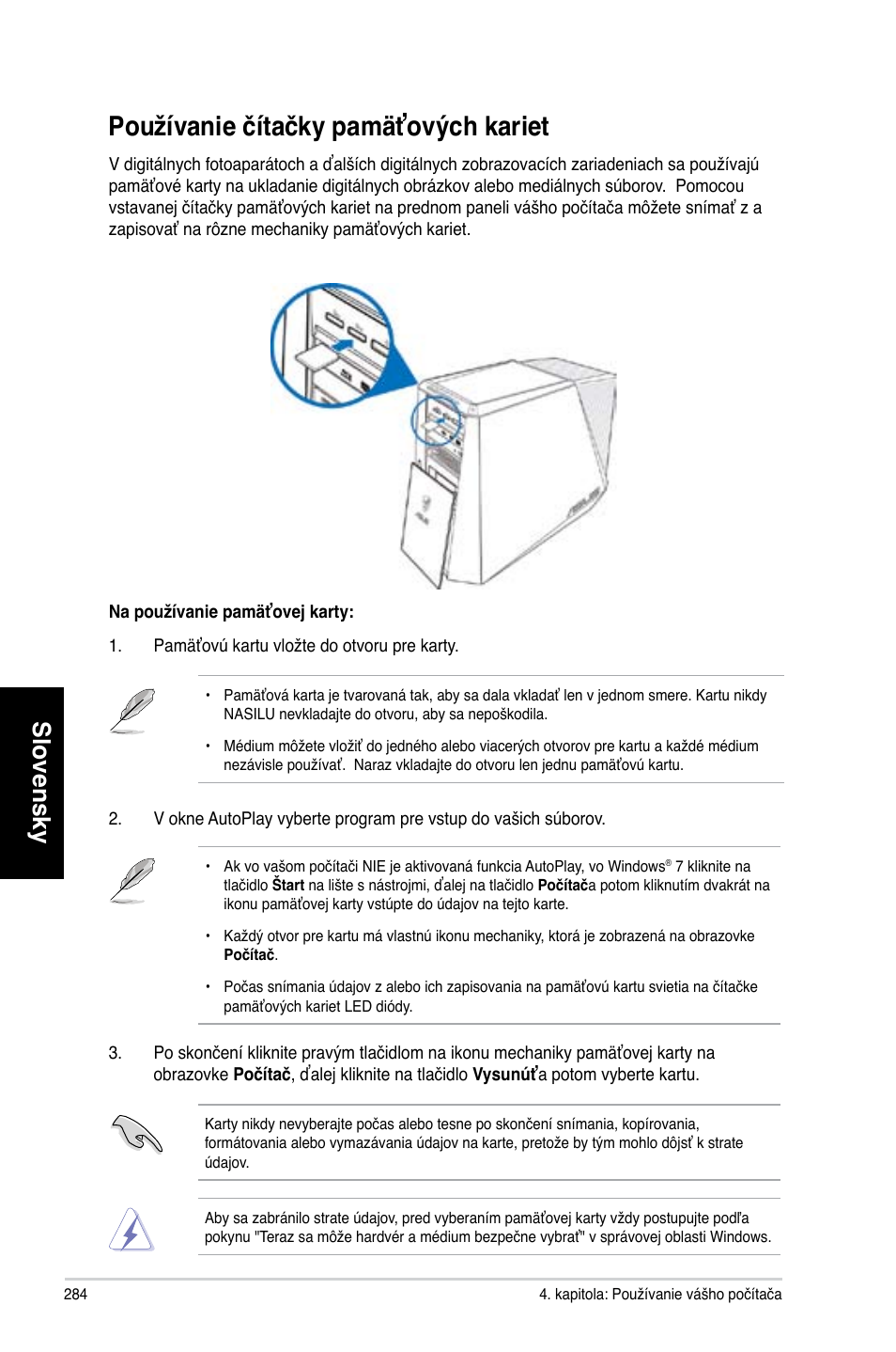 Používanie čítačky pamäťových kariet, Slovensky | Asus CG8565 User Manual | Page 284 / 410