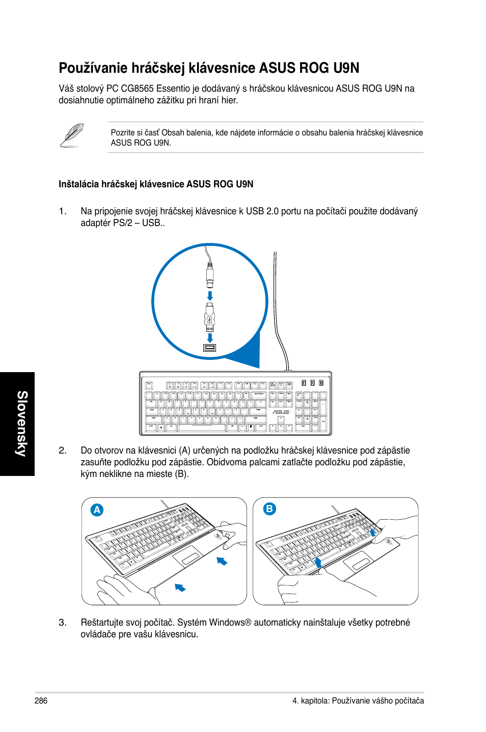 Používanie hráčskej klávesnice asus rog u9n, Slovensky | Asus CG8565 User Manual | Page 286 / 410