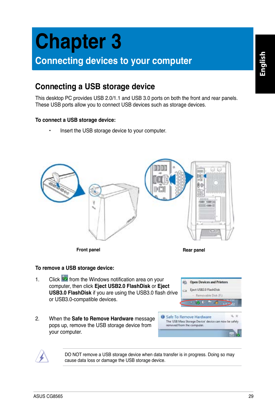 Chapter 3, Connecting devices to your computer, Connecting a usb storage device | English | Asus CG8565 User Manual | Page 29 / 410