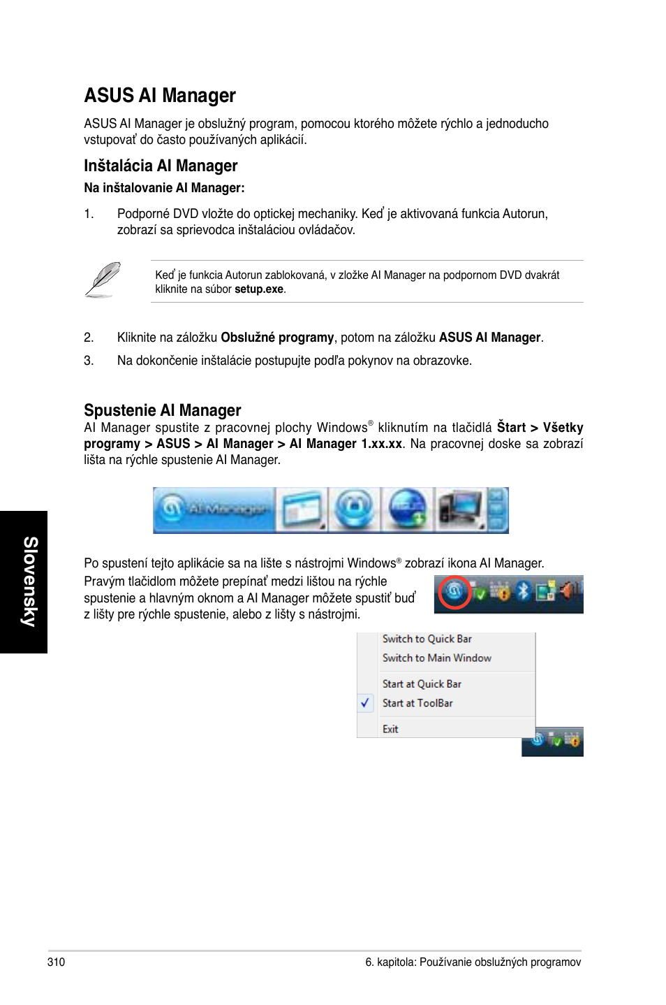 Asus ai manager, Slovensky, Inštalácia ai manager | Spustenie ai manager | Asus CG8565 User Manual | Page 310 / 410