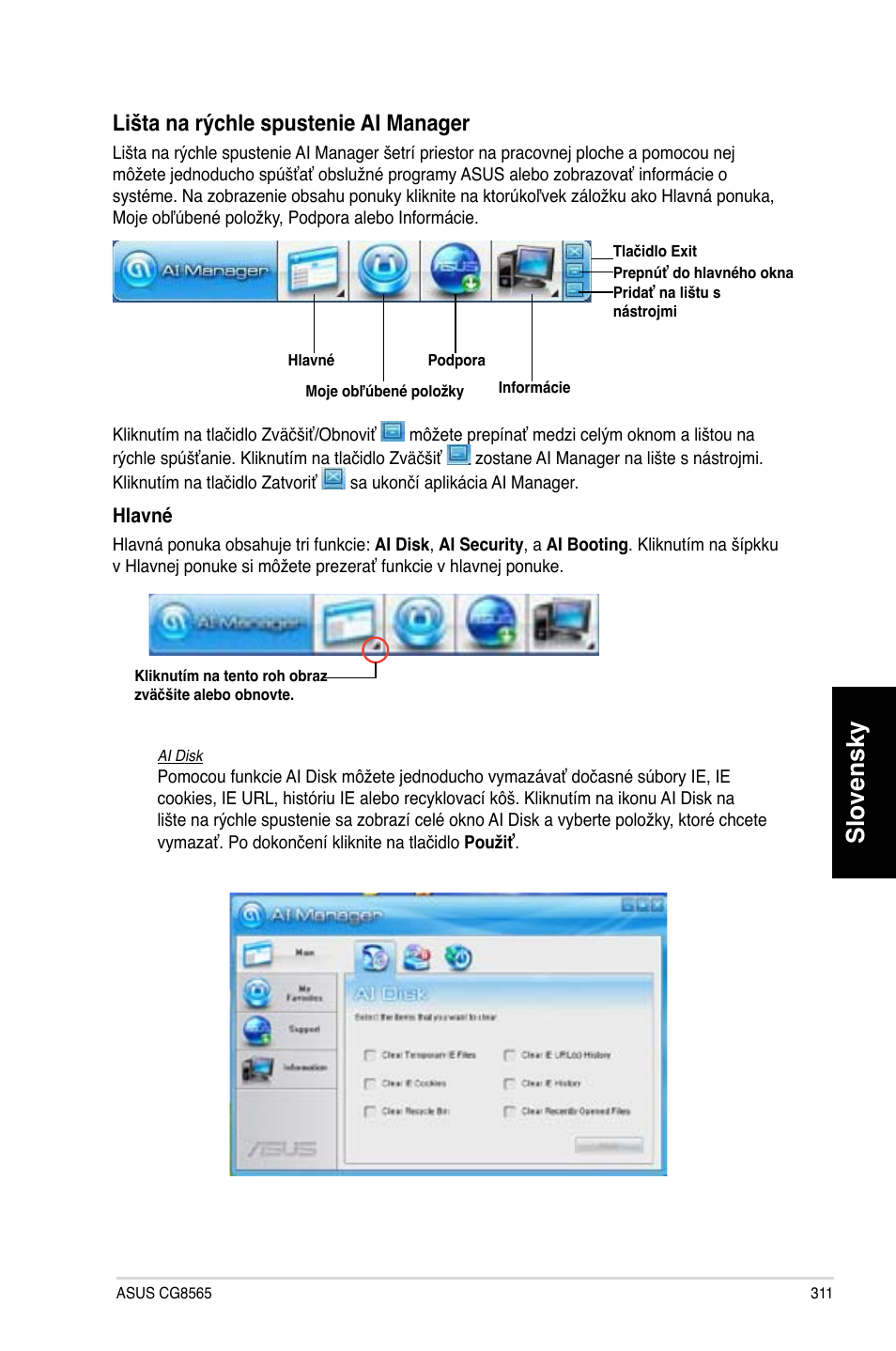 Slovensky, Lišta na rýchle spustenie ai manager | Asus CG8565 User Manual | Page 311 / 410