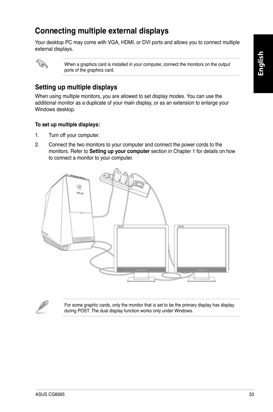 Connecting multiple external displays, English, Setting up multiple displays | Asus CG8565 User Manual | Page 33 / 410