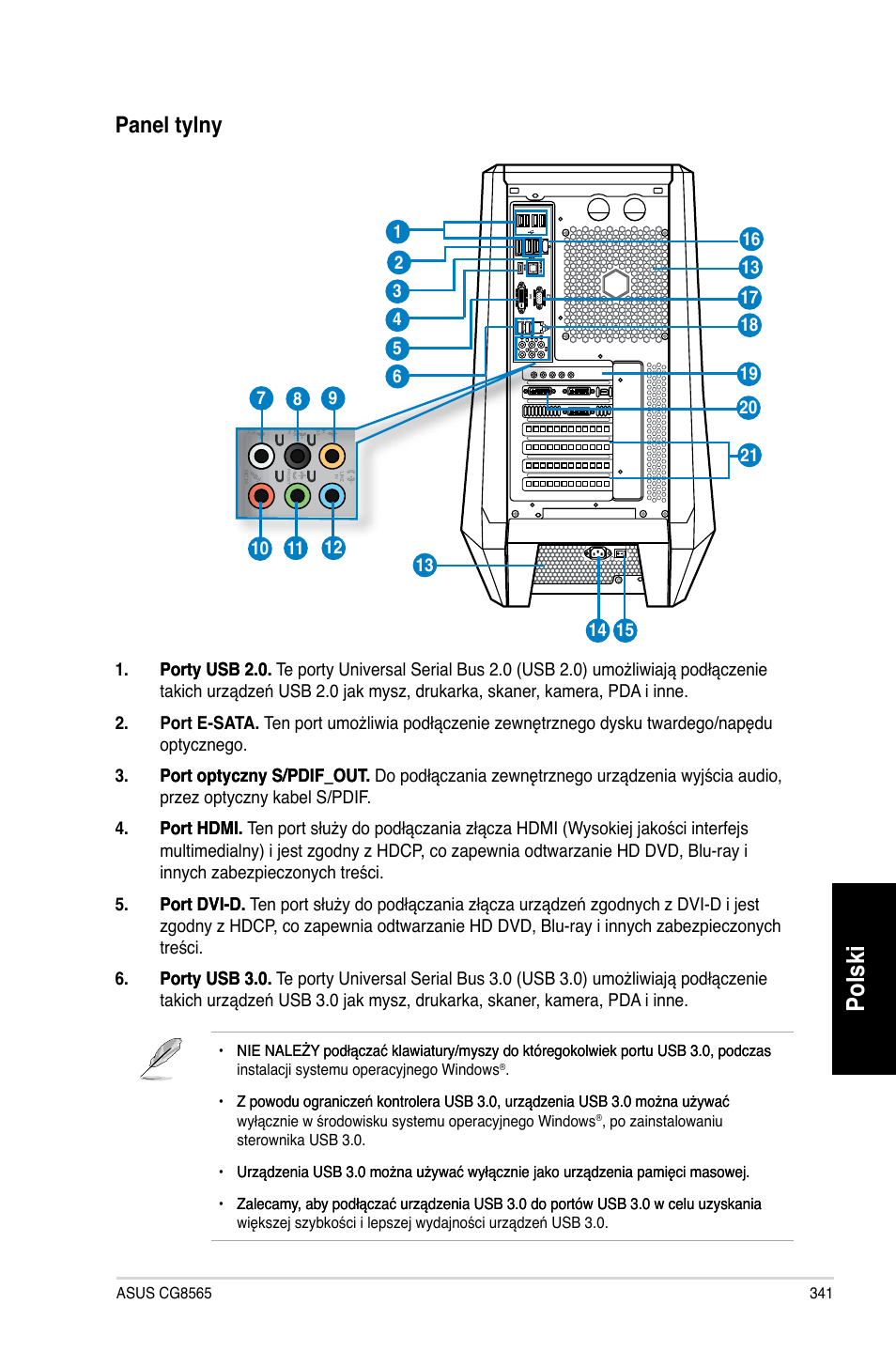 Polski, Panel tylny | Asus CG8565 User Manual | Page 341 / 410