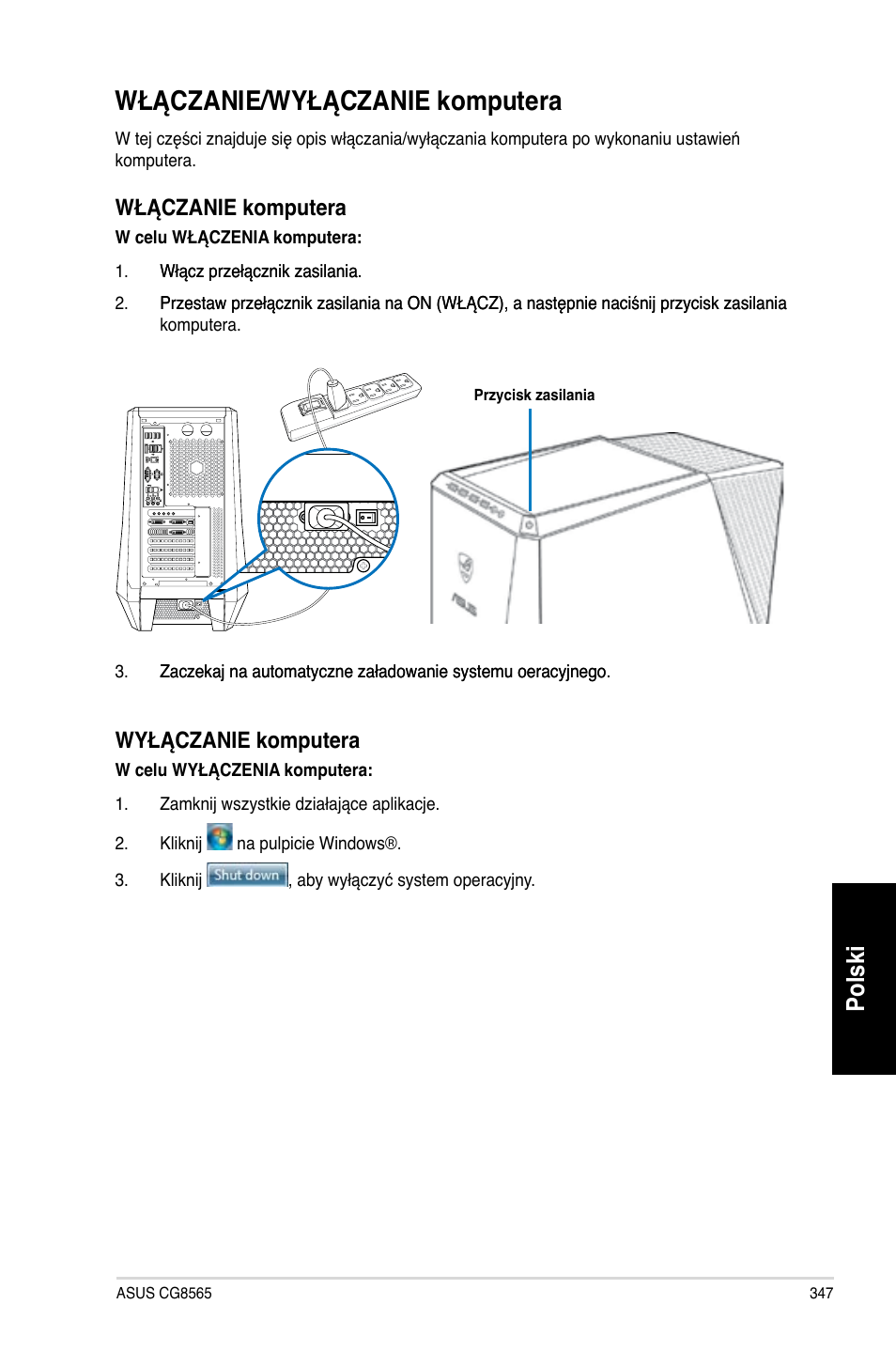 Włączanie/wyłączanie komputera, Polski, Włączanie komputera | Wyłączanie komputera | Asus CG8565 User Manual | Page 347 / 410