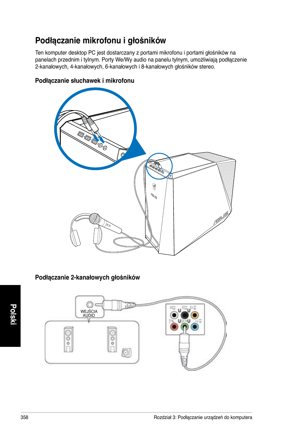 Podłączanie mikrofonu i głośników, Polski | Asus CG8565 User Manual | Page 358 / 410