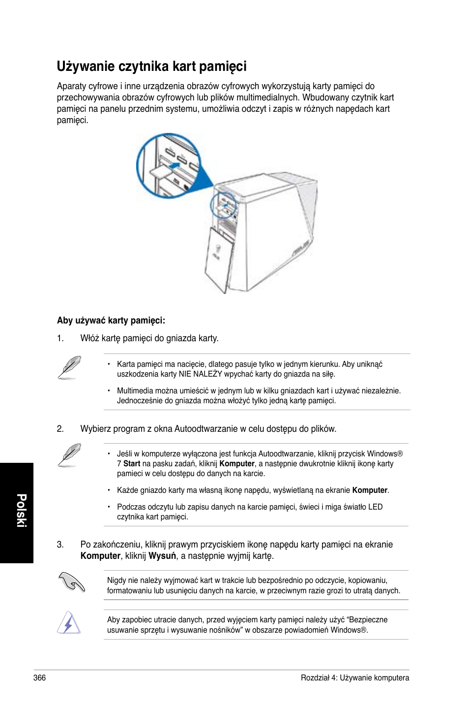 Używanie czytnika kart pamięci, Polski | Asus CG8565 User Manual | Page 366 / 410