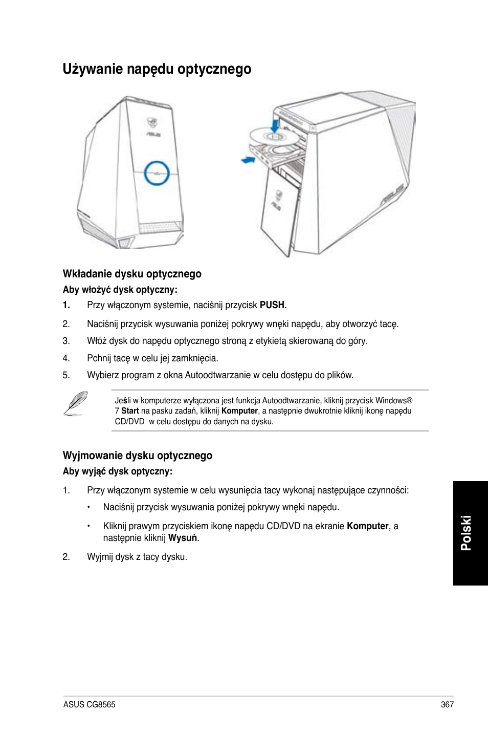 Używanie napędu optycznego, Polski | Asus CG8565 User Manual | Page 367 / 410