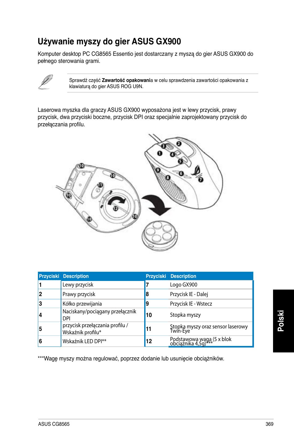 Używanie myszy do gier asus gx900, Polski | Asus CG8565 User Manual | Page 369 / 410